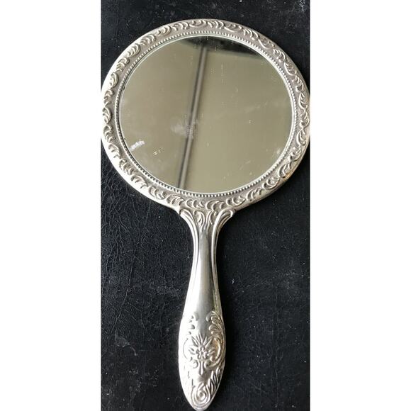 Silver Plated Hand Mirror Aged Patina Embossed Round Floral Design Vintage Heavy - Picture 2 of 3